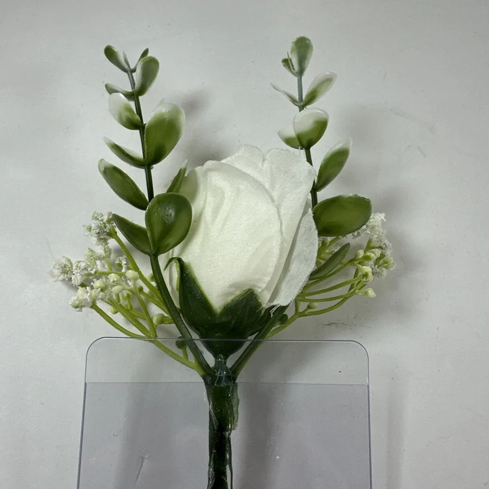 Corsage and Boutonniere Set Cream Ivory Roses Baby's Breath Greenery‎ Handmade